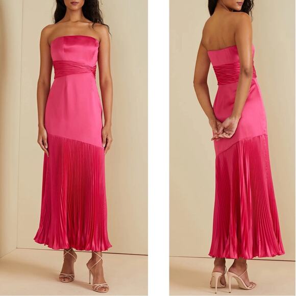 Amur Milly Pleated Strapless Ruched Pink Cabaret Midi Dress Size 4 - Picture 2 of 10
